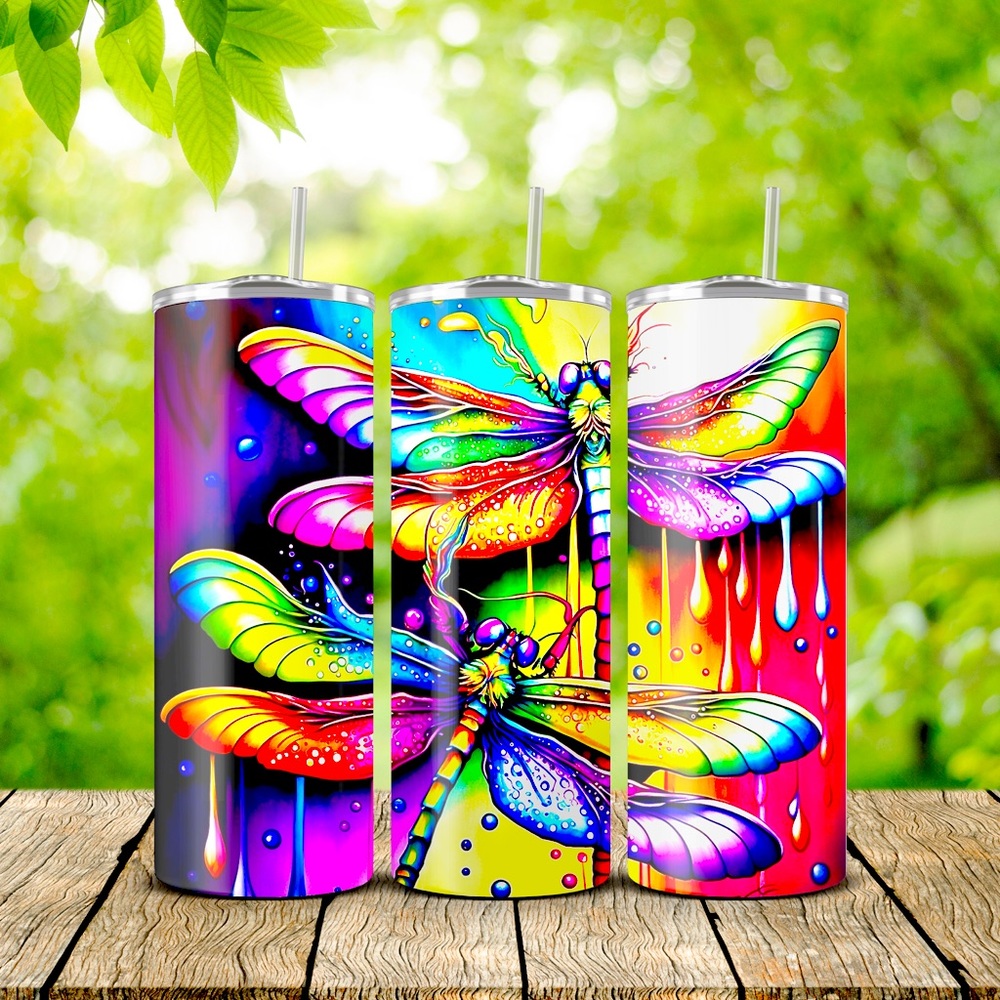 “Neon Dragonfly” custom, 20oz tumbler with slide lid and straw
